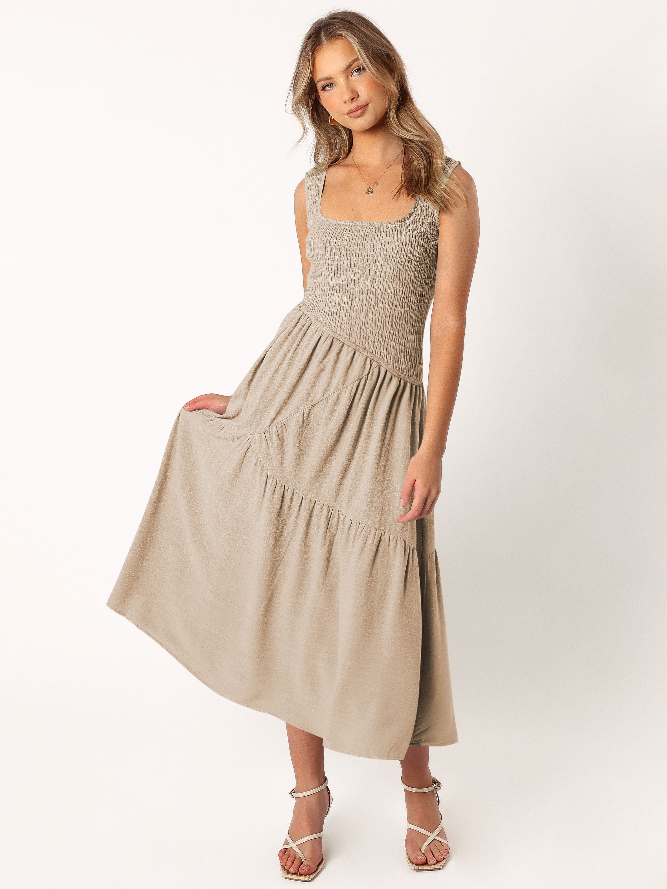 Feminine Frills Smocked Maxi Dress - Neutral