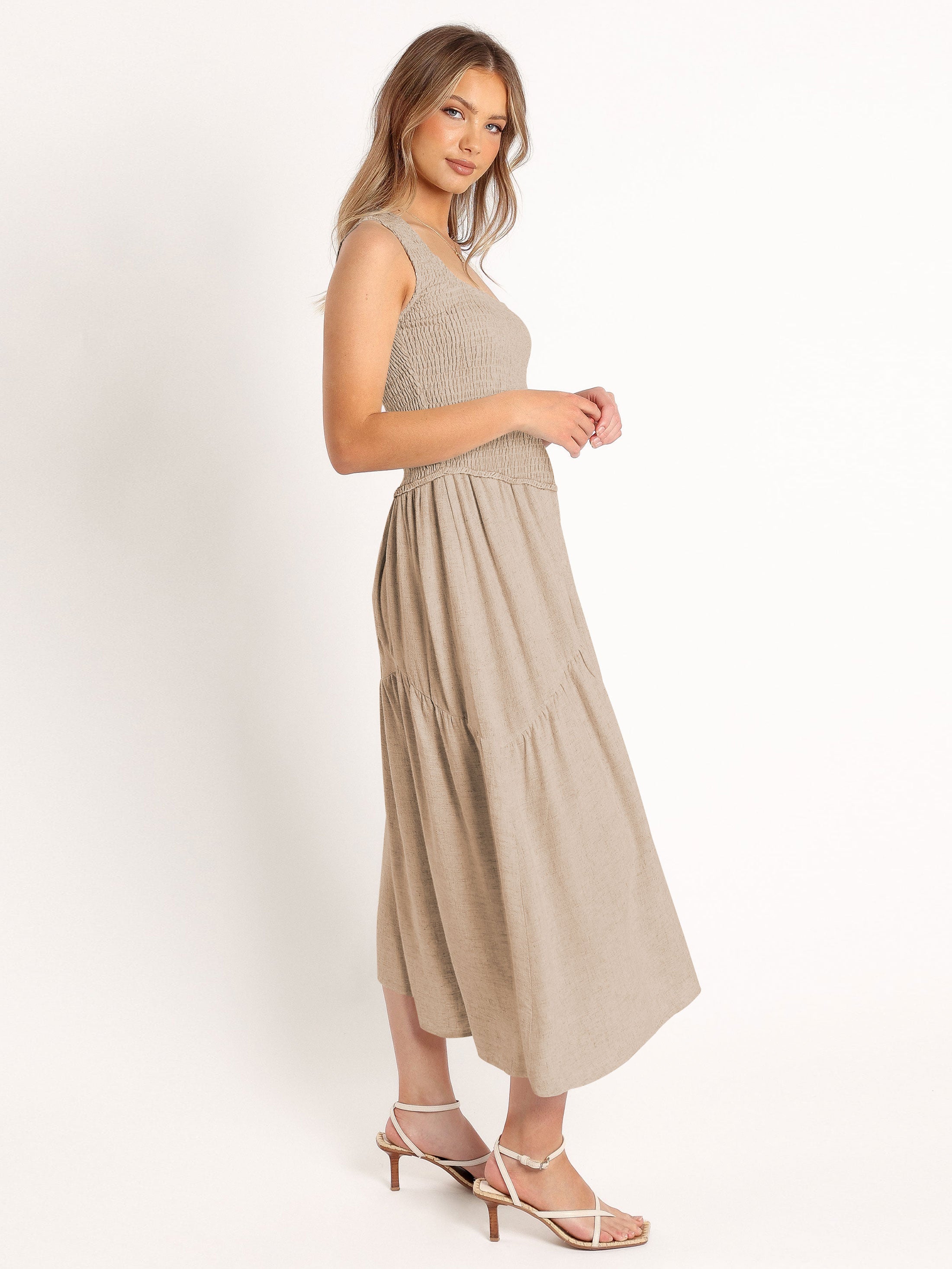 Feminine Frills Smocked Maxi Dress - Neutral