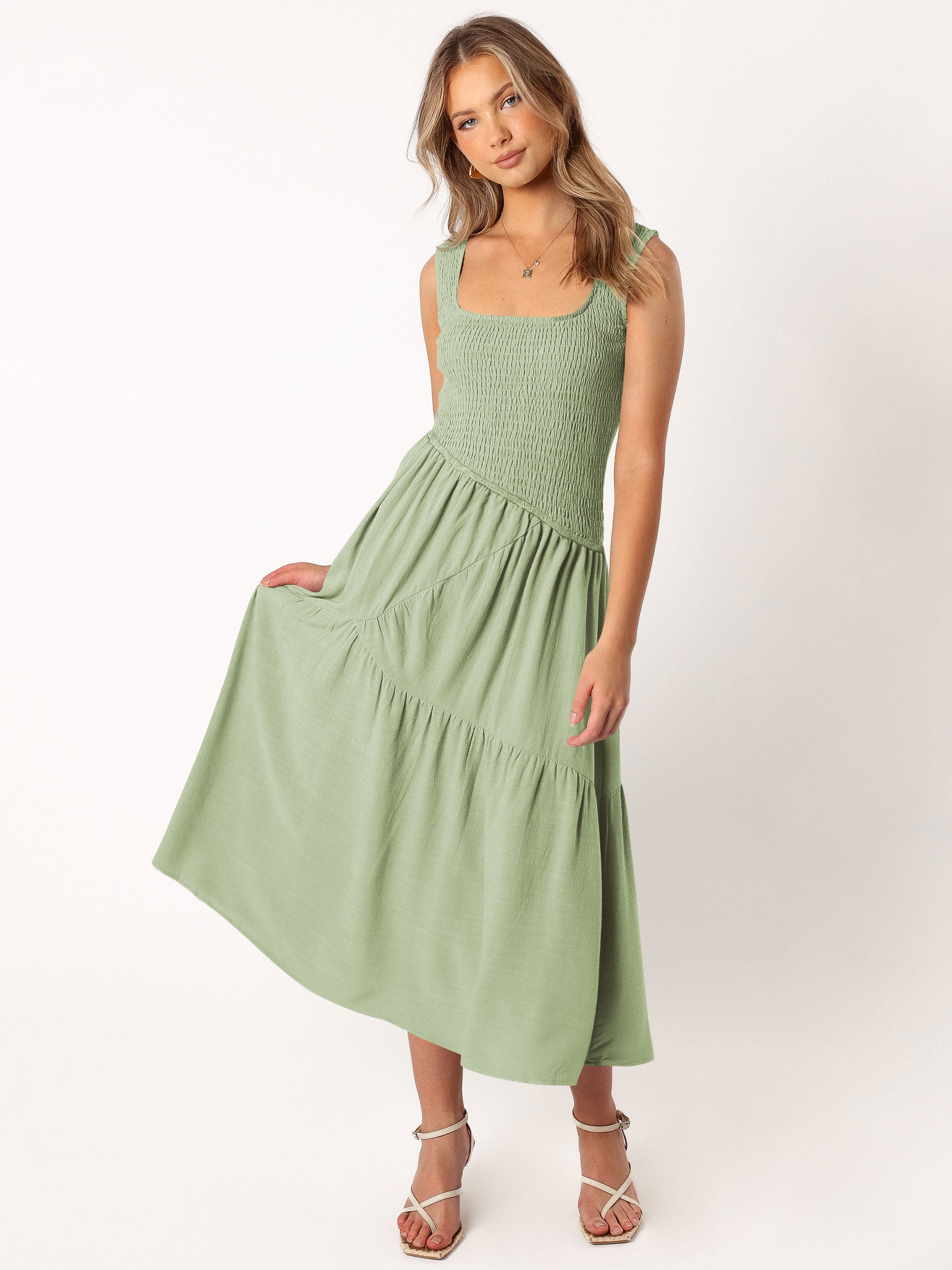 Feminine Frills Smocked Maxi Dress - Sage