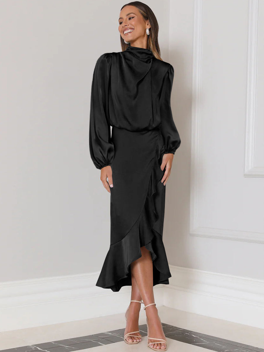 Lissell Satin High Low Midi Dress - Black