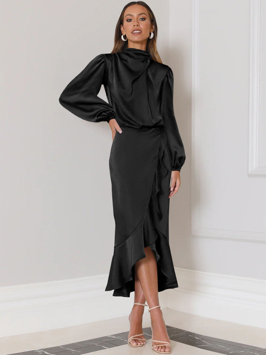 Lissell Satin High Low Midi Dress - Black