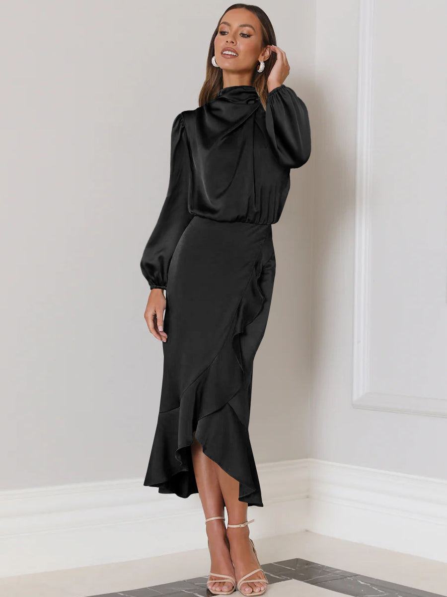 Lissell Satin High Low Midi Dress - Black