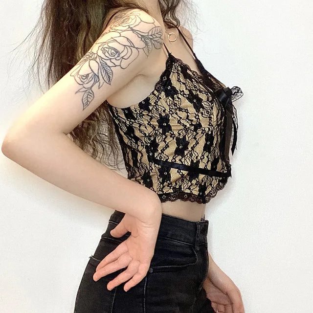 Goth Aesthetic Lace Crop Tops Women Back Zip Up Dark Academia E Girl Clothes Double Layer V Neck Sexy Cami Top 2024