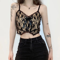 Goth Aesthetic Lace Crop Tops Women Back Zip Up Dark Academia E Girl Clothes Double Layer V Neck Sexy Cami Top 2024