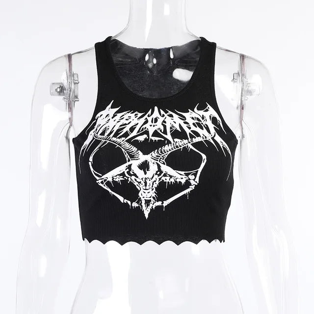 Gothic Knitted Punk Black Tank Tops Mall Goth Grunge Goat Print Harajuku Women Crop Tops Skinny Sleeveless Streetwear