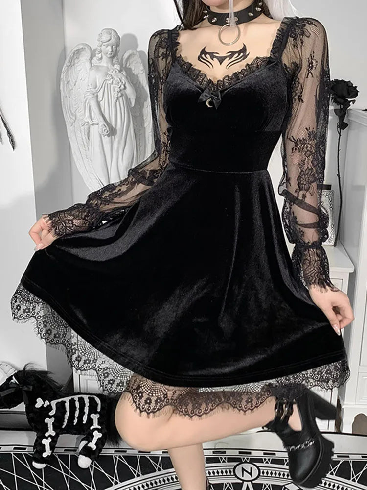 Gothic Lolita Girl Lace Trim Velvet A-Line Dress Women Sexy Perspective Long Sleeve V Neck Slim Mini Dress Cosplay Party Costume