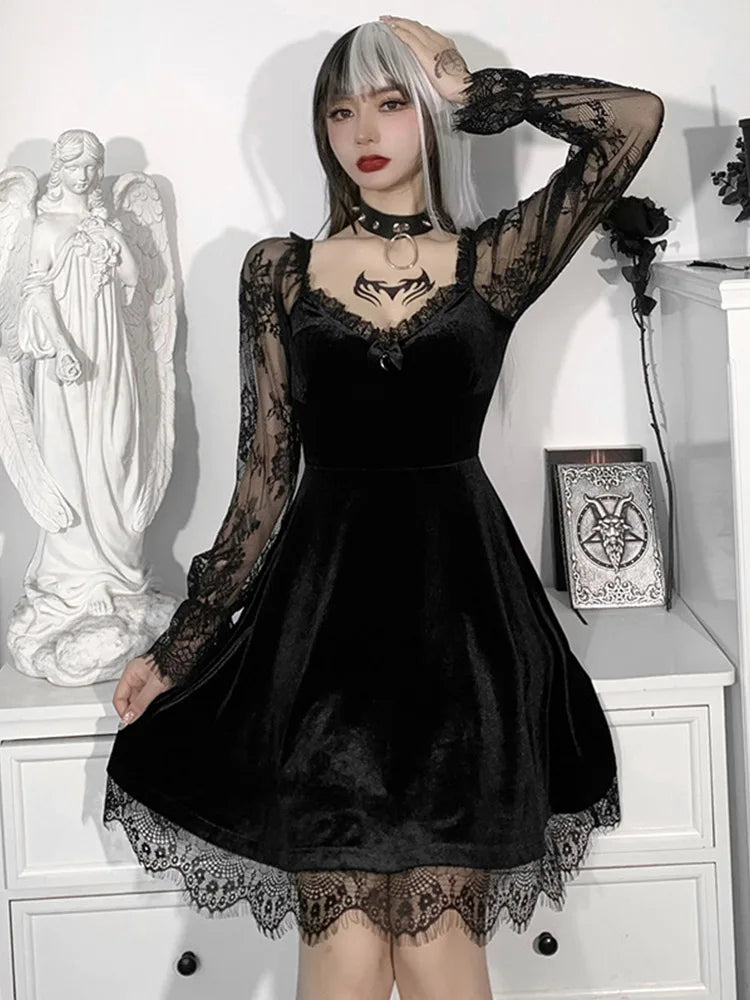 Gothic Lolita Girl Lace Trim Velvet A-Line Dress Women Sexy Perspective Long Sleeve V Neck Slim Mini Dress Cosplay Party Costume