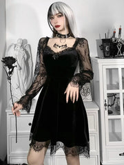 Gothic Lolita Girl Lace Trim Velvet A-Line Dress Women Sexy Perspective Long Sleeve V Neck Slim Mini Dress Cosplay Party Costume