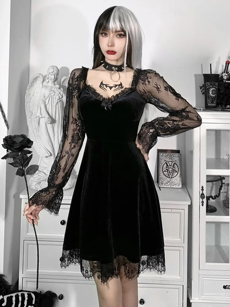 Gothic Lolita Girl Lace Trim Velvet A-Line Dress Women Sexy Perspective Long Sleeve V Neck Slim Mini Dress Cosplay Party Costume