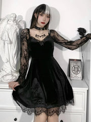 Gothic Lolita Girl Lace Trim Velvet A-Line Dress Women Sexy Perspective Long Sleeve V Neck Slim Mini Dress Cosplay Party Costume