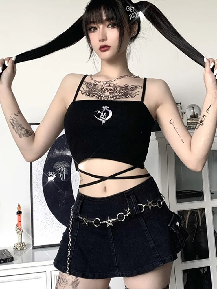 Gothic Women’s Print Suspender Sleeveless Square Neck Slim Crop Top Sexy Halter Bottoming Shirt 2024 Girls Party Wear