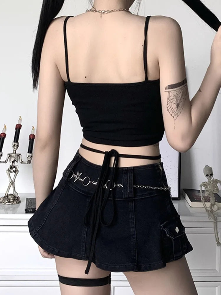 Gothic Women’s Print Suspender Sleeveless Square Neck Slim Crop Top Sexy Halter Bottoming Shirt 2024 Girls Party Wear