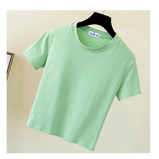 Green Crop Top T-Shirt Female Solid Cotton O-Neck Short Sleeve T-shirts for Women High Waist Slim Short Sport Femme T-Shirt