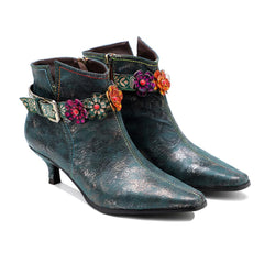 SOFFIA |Green Washed Floral Deco Genuine Leather Bootie Kitten Heel Ankle Boots