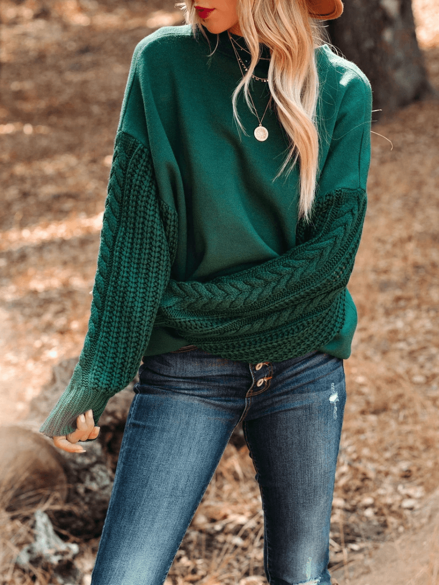 BRAIDED SLEEVE KNIT SWEATER - GREEN