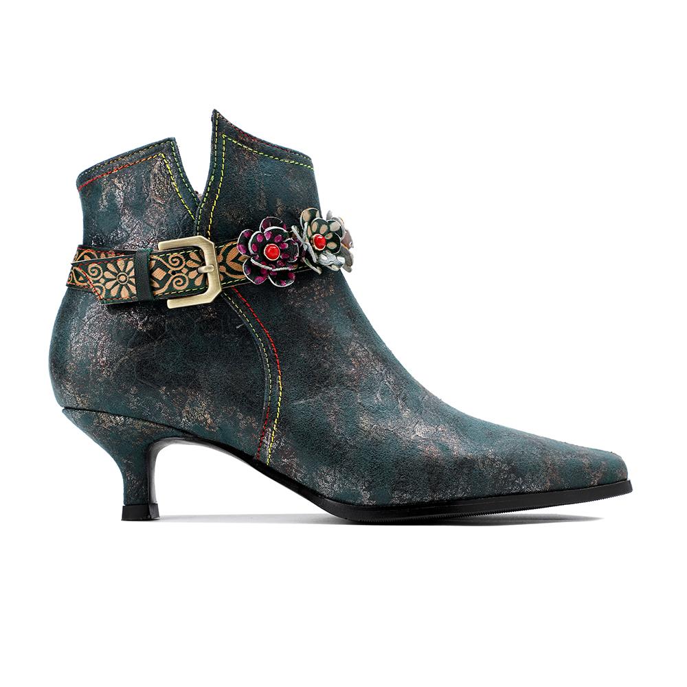 SOFFIA |Green Washed Floral Deco Genuine Leather Bootie Kitten Heel Ankle Boots