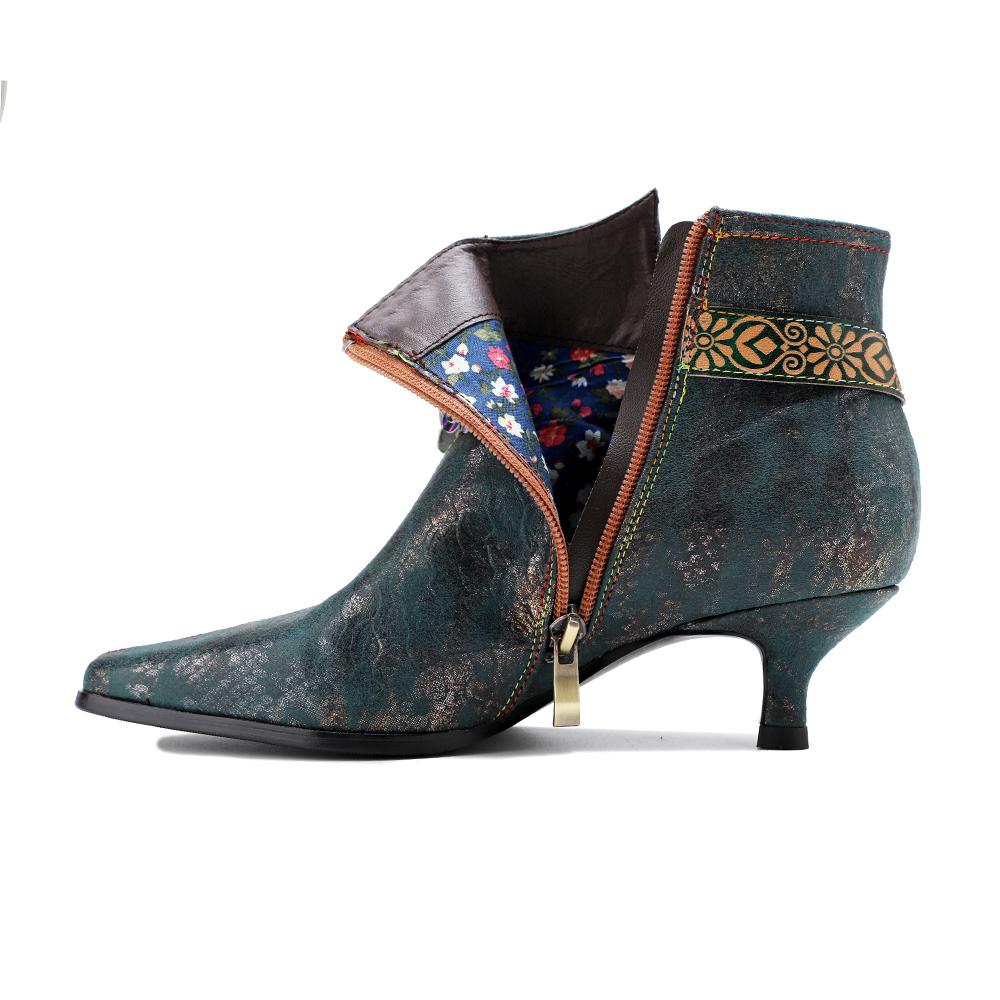 SOFFIA |Green Washed Floral Deco Genuine Leather Bootie Kitten Heel Ankle Boots