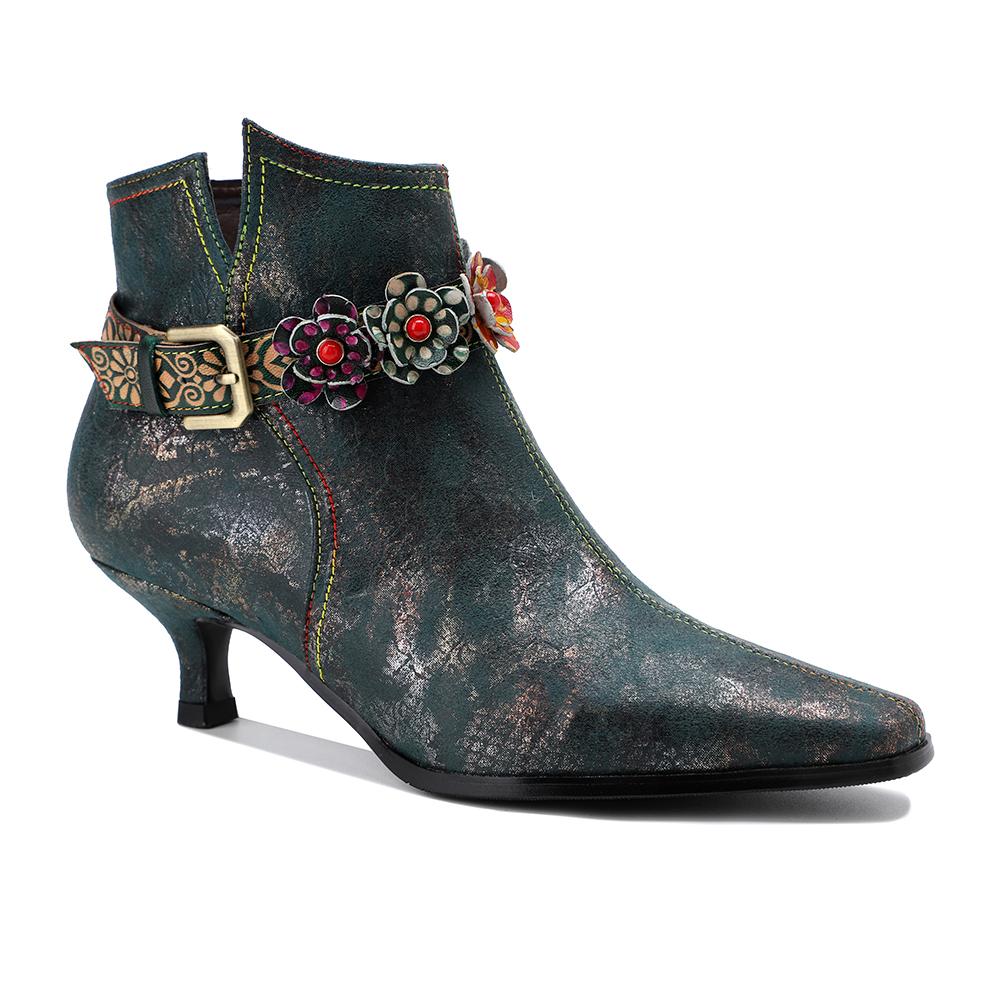 SOFFIA |Green Washed Floral Deco Genuine Leather Bootie Kitten Heel Ankle Boots