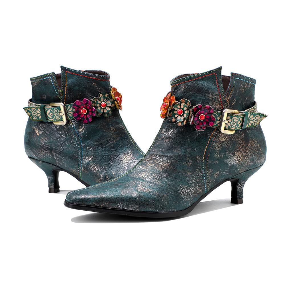 SOFFIA |Green Washed Floral Deco Genuine Leather Bootie Kitten Heel Ankle Boots