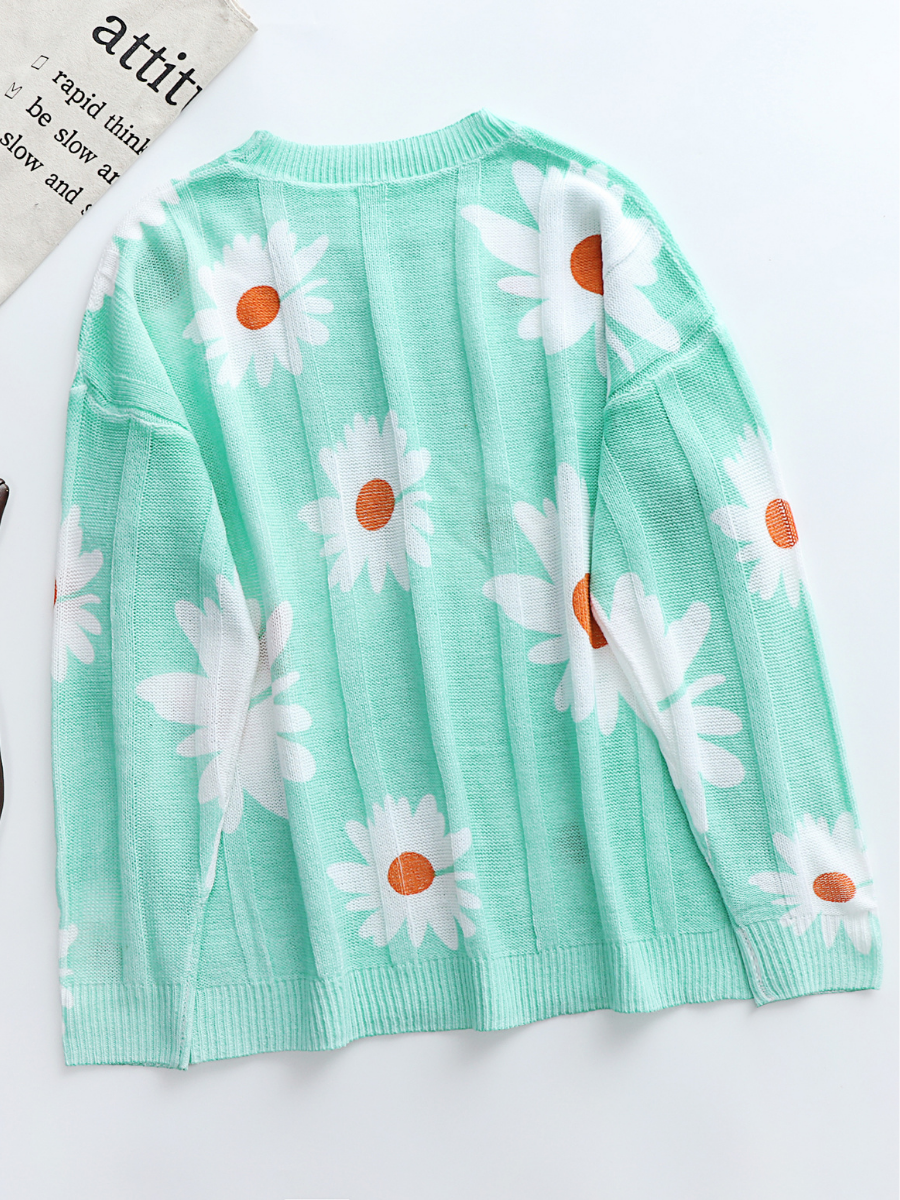 Smaibulun | Perforated Sunflower Patterned Knit Top - Green