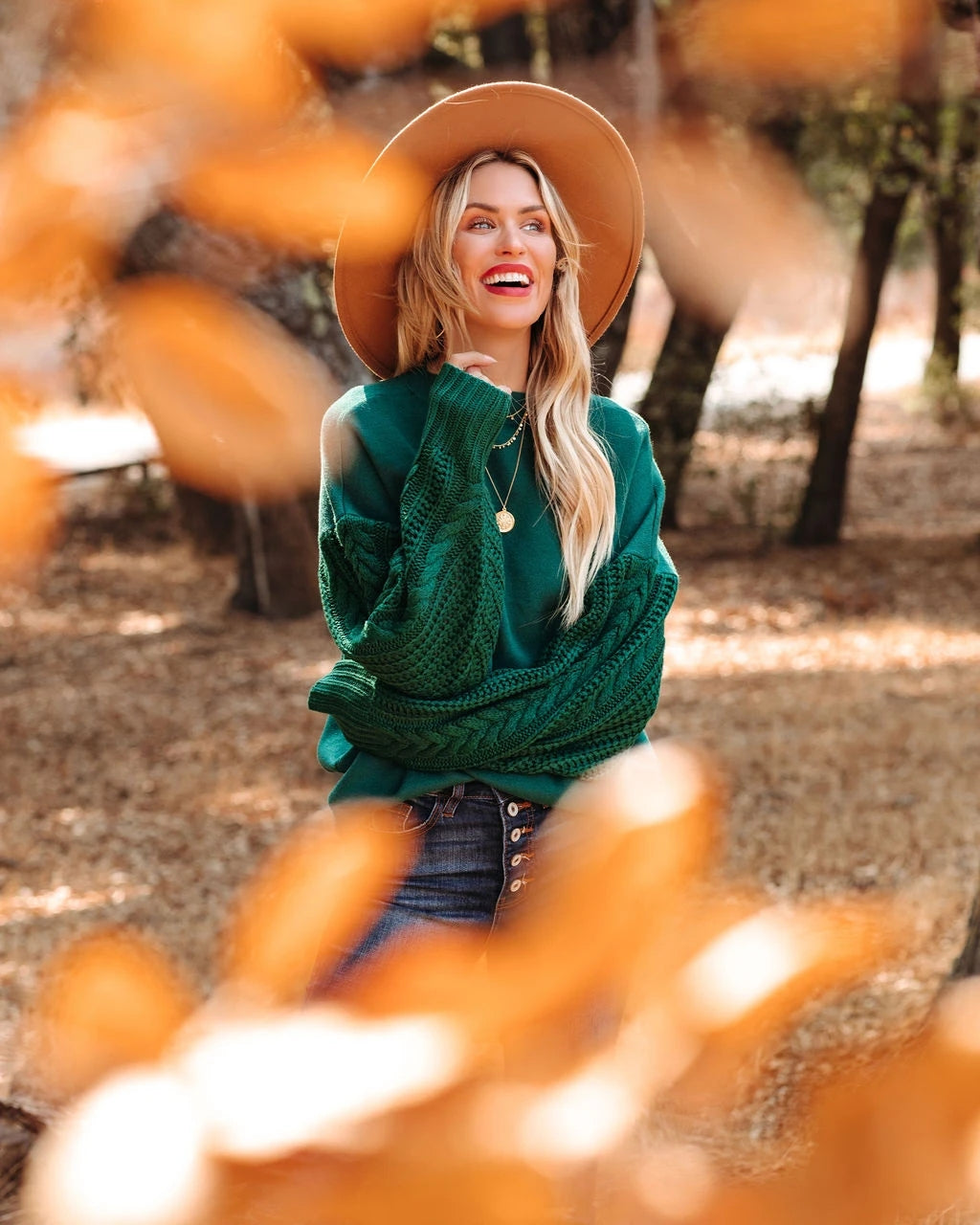 BRAIDED SLEEVE KNIT SWEATER - GREEN