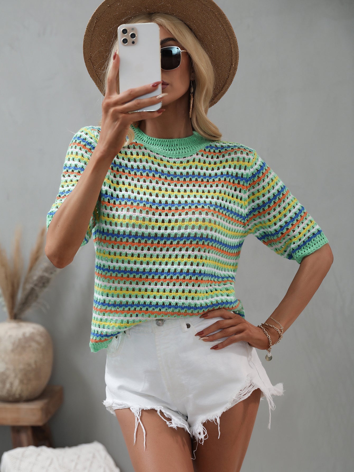 BEE CROCHET KNIT TOP - GREEN