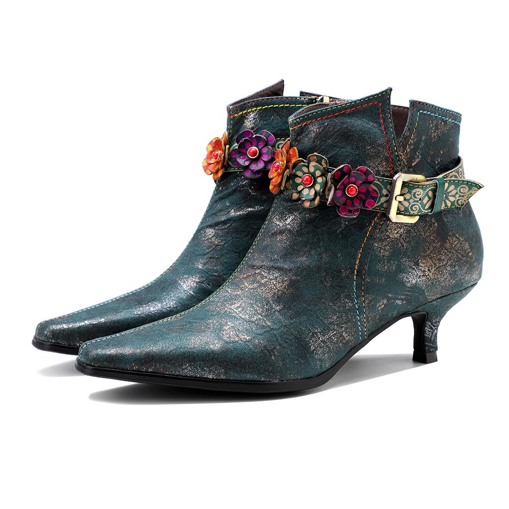 SOFFIA |Green Washed Floral Deco Genuine Leather Bootie Kitten Heel Ankle Boots