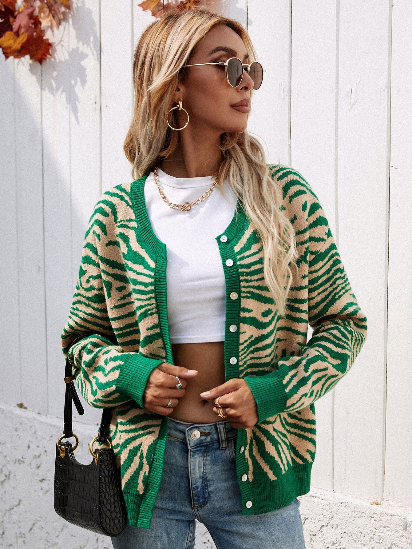 Smaibulun | Tiger Year Animal Patterned Knit Cardigan - Green