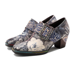 SOFFIA | Grey Embossed Floral Buckle Genuine Leather Bootie Mid Heel Loafers