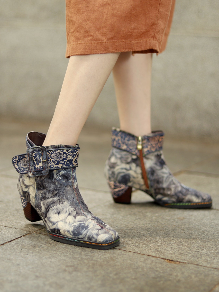 SOFFIA | Grey Floral Buckle Leather Moto Ankle Boots