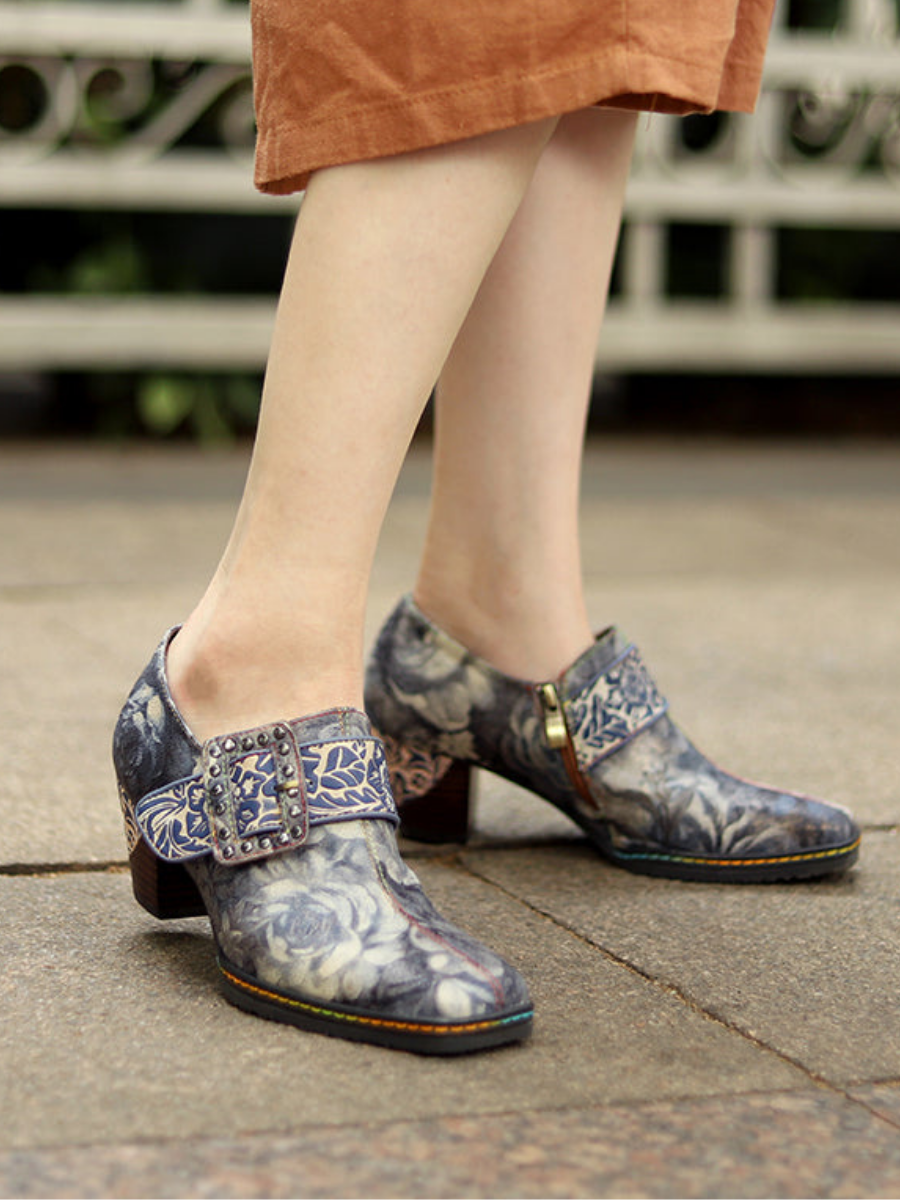 SOFFIA | Grey Embossed Floral Buckle Genuine Leather Bootie Mid Heel Loafers