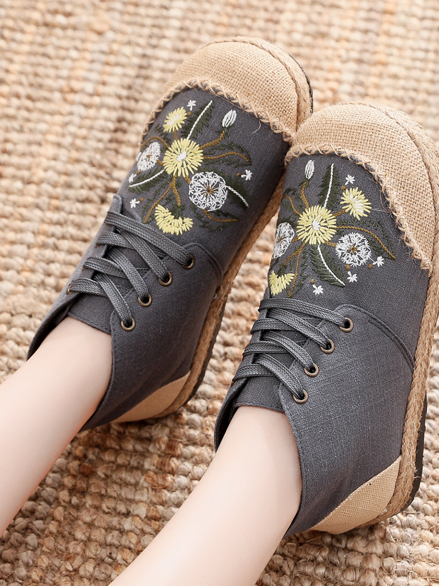 Cactus Rose | Embroidered Dandelion Round Toe Hi-Top Sneakers Espadrilles