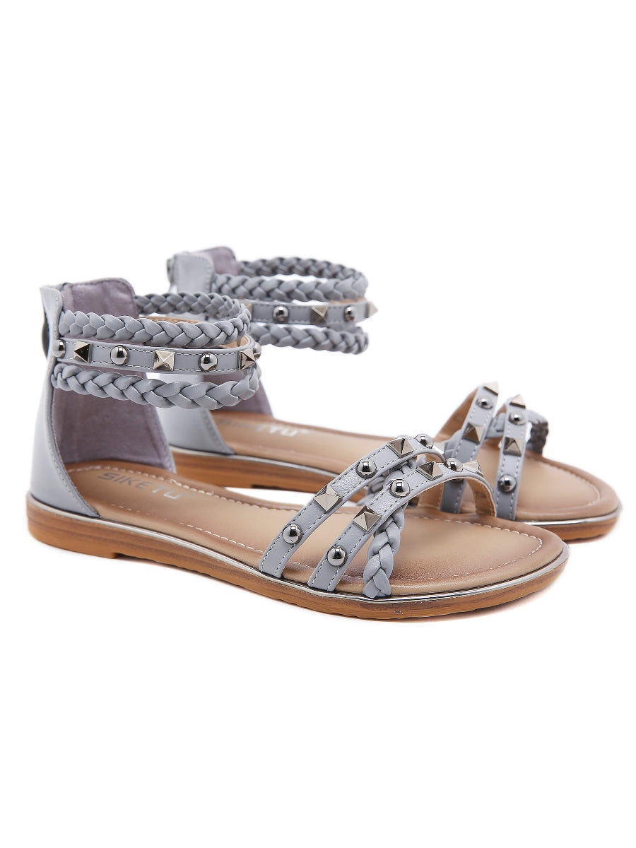 Stud Braided Ankle-Strap Sandals - SIKETU