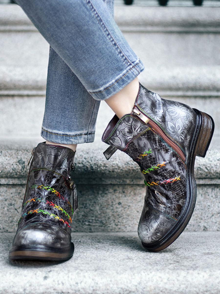 SOFFIA | Rainbow Stitch Lily Embossed Genuine Leather Ankle Boots