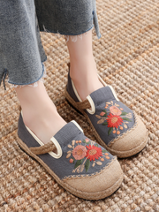 Cactus Rose | Double Kiss Floral Embroidered Linen Espadrilles - Grey