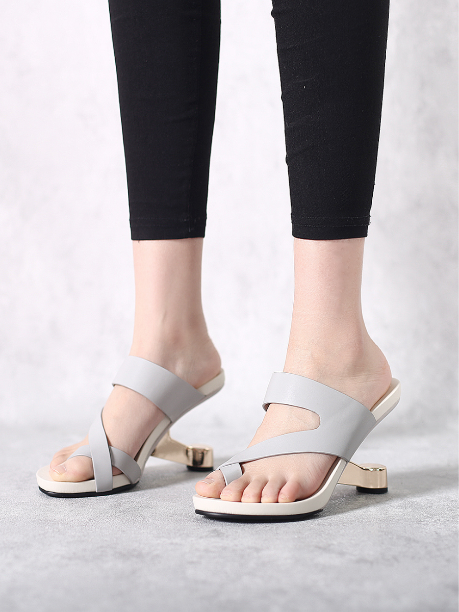 JadyRose | Grey Criss-Cross Toe Elevator Heel Leather Slides