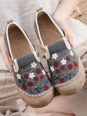 Cactus Rose | Berry Daisy Embroidered Linen Espadrilles Loafers Sneakers- Grey