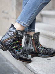 SOFFIA | Rainbow Stitch Lily Embossed Genuine Leather Ankle Boots