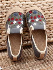 Cactus Rose | Berry Daisy Embroidered Linen Espadrilles Loafers Sneakers- Grey