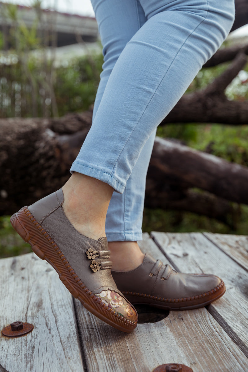 RUMOUR HAS IT| FLORAL EMBROIDERED LEATHER LOAFER - GREY