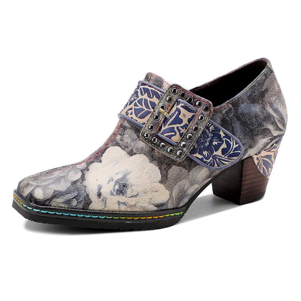 SOFFIA | Grey Embossed Floral Buckle Genuine Leather Bootie Mid Heel Loafers