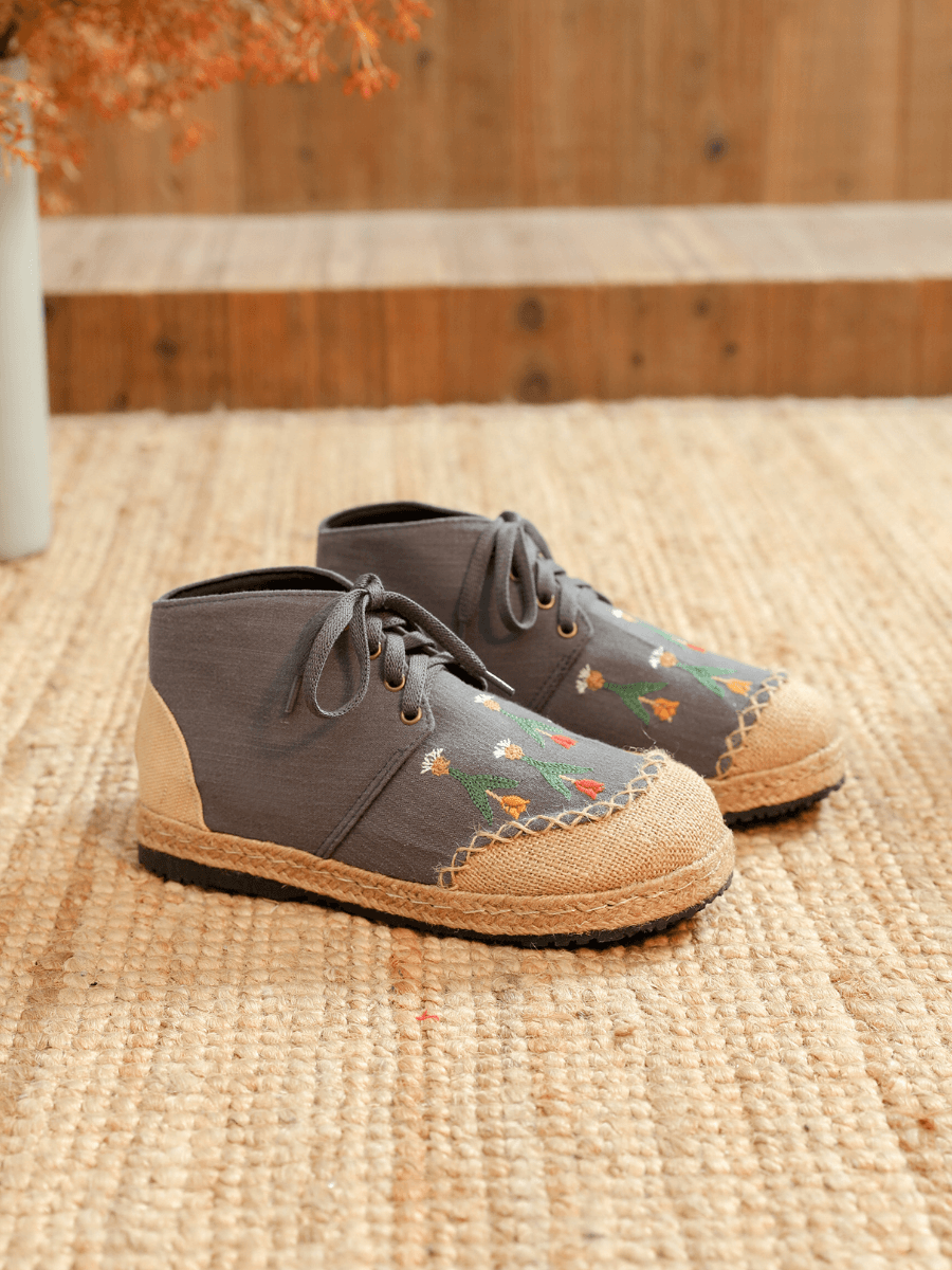 CACTUS ROSE | GREY RETRO EMBROIDERED LINEN SNEAKER