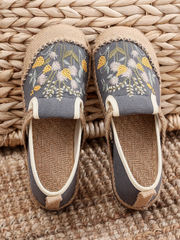 Cactus Rose | Field Corn Embroidered Linen Round Toe Espadrilles Loafers - Grey