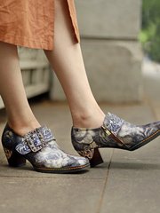 SOFFIA | Grey Embossed Floral Buckle Genuine Leather Bootie Mid Heel Loafers