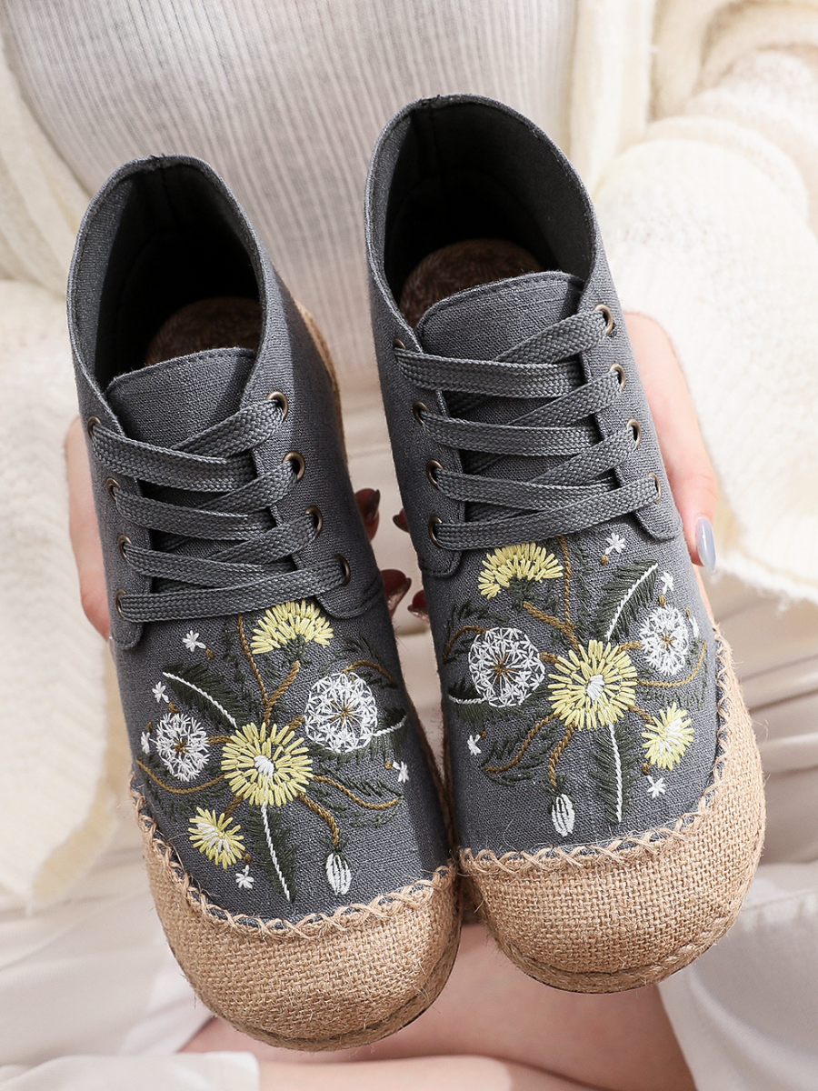 Cactus Rose | Embroidered Dandelion Round Toe Hi-Top Sneakers Espadrilles