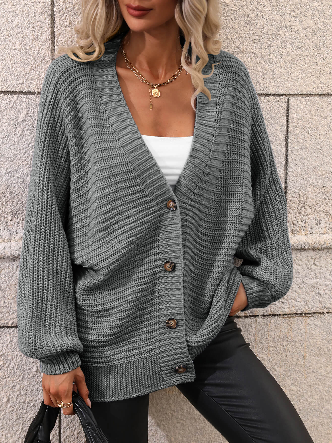 BUTTON UP OVERSIZED KNIT CARDIGAN - GREY