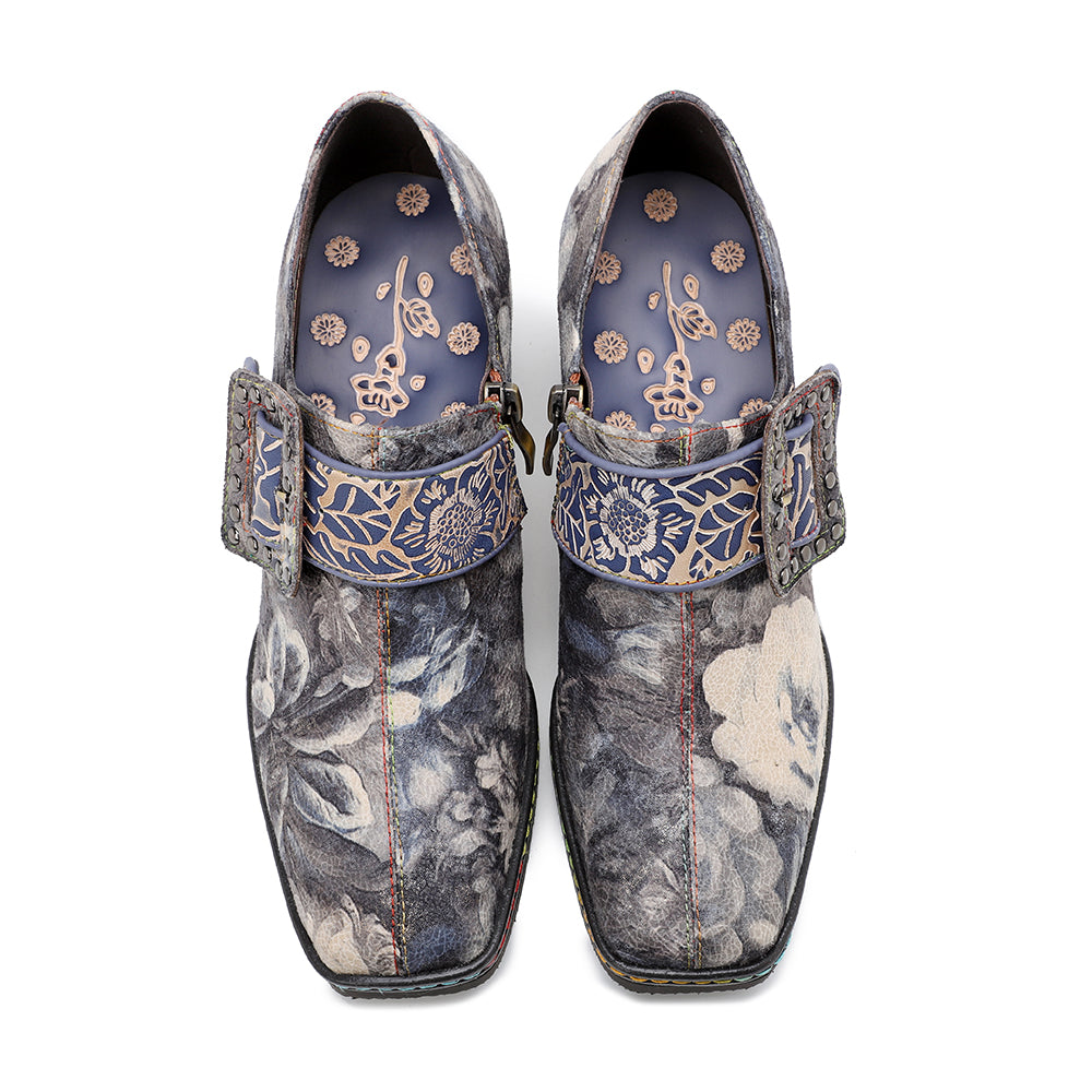 SOFFIA | Grey Embossed Floral Buckle Genuine Leather Bootie Mid Heel Loafers