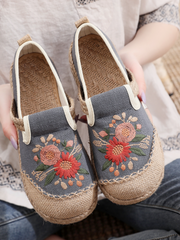 Cactus Rose | Double Kiss Floral Embroidered Linen Espadrilles - Grey