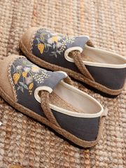 Cactus Rose | Field Corn Embroidered Linen Round Toe Espadrilles Loafers - Grey