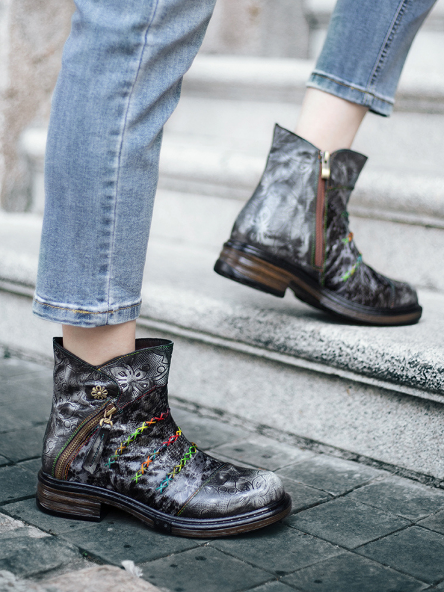 SOFFIA | Rainbow Stitch Lily Embossed Genuine Leather Ankle Boots